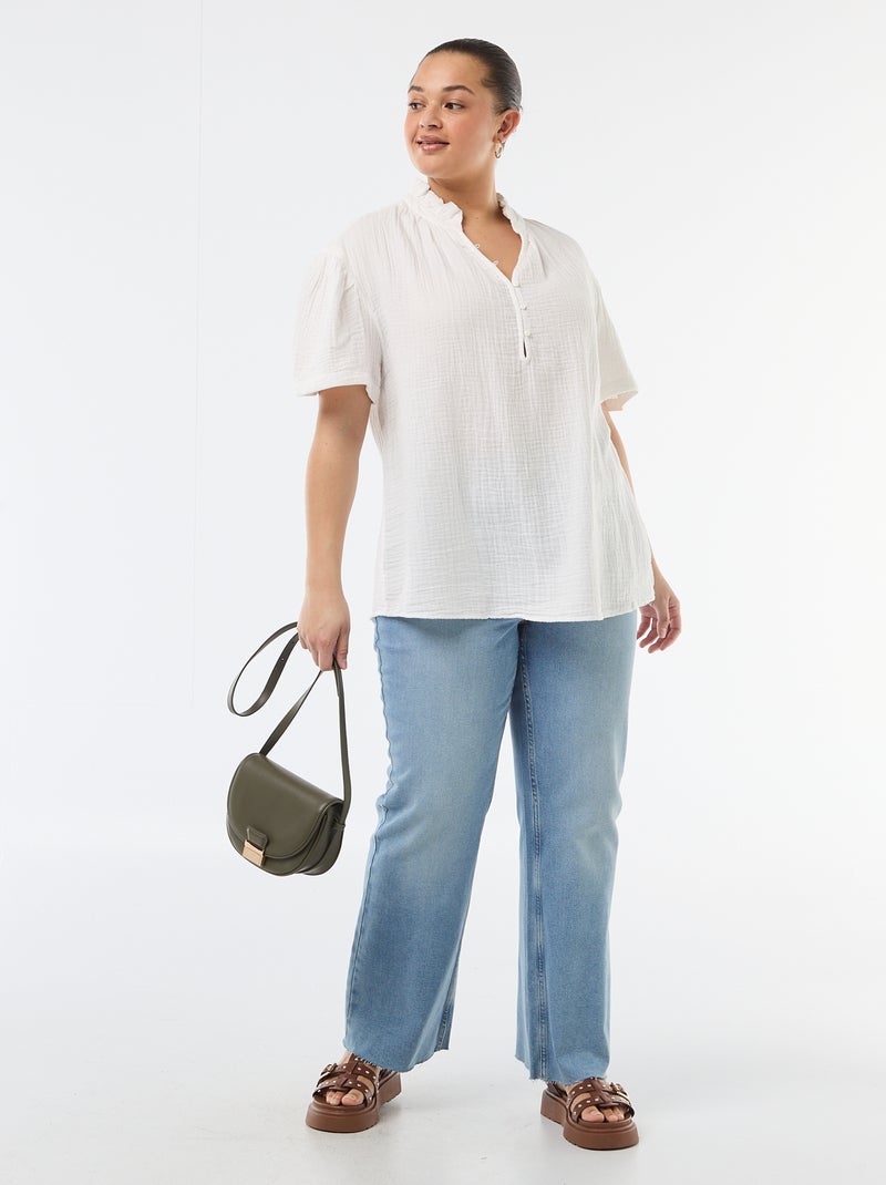 Blouse en gaze de coton avec col froncé Blanc - Kiabi