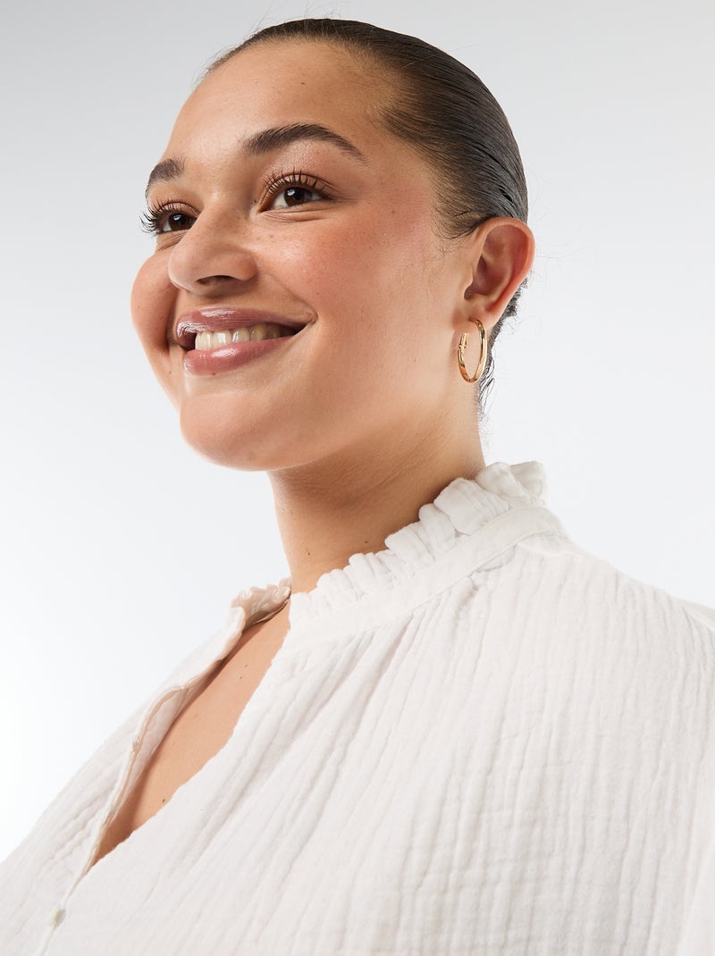 Blouse en gaze de coton avec col froncé Blanc - Kiabi