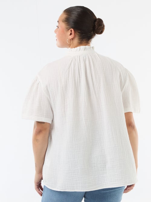 Blouse en gaze de coton avec col froncé - Kiabi