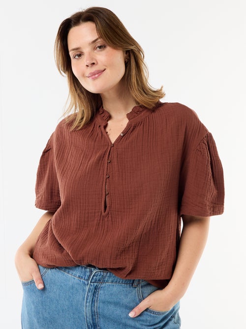 Blouse en gaze de coton avec col froncé - Kiabi