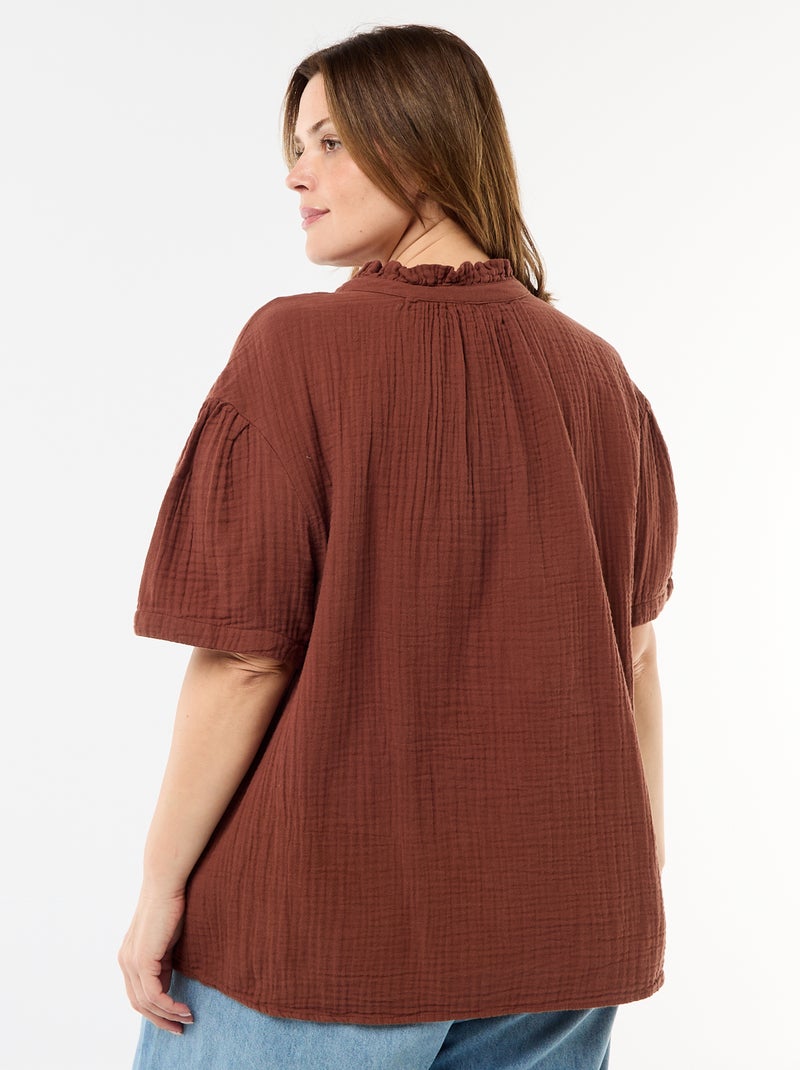 Blouse en gaze de coton avec col froncé Marron - Kiabi