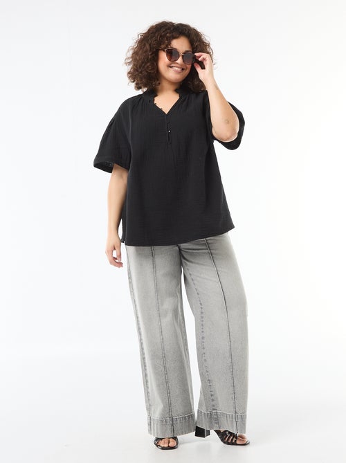 Blouse en gaze de coton avec col froncé - Kiabi