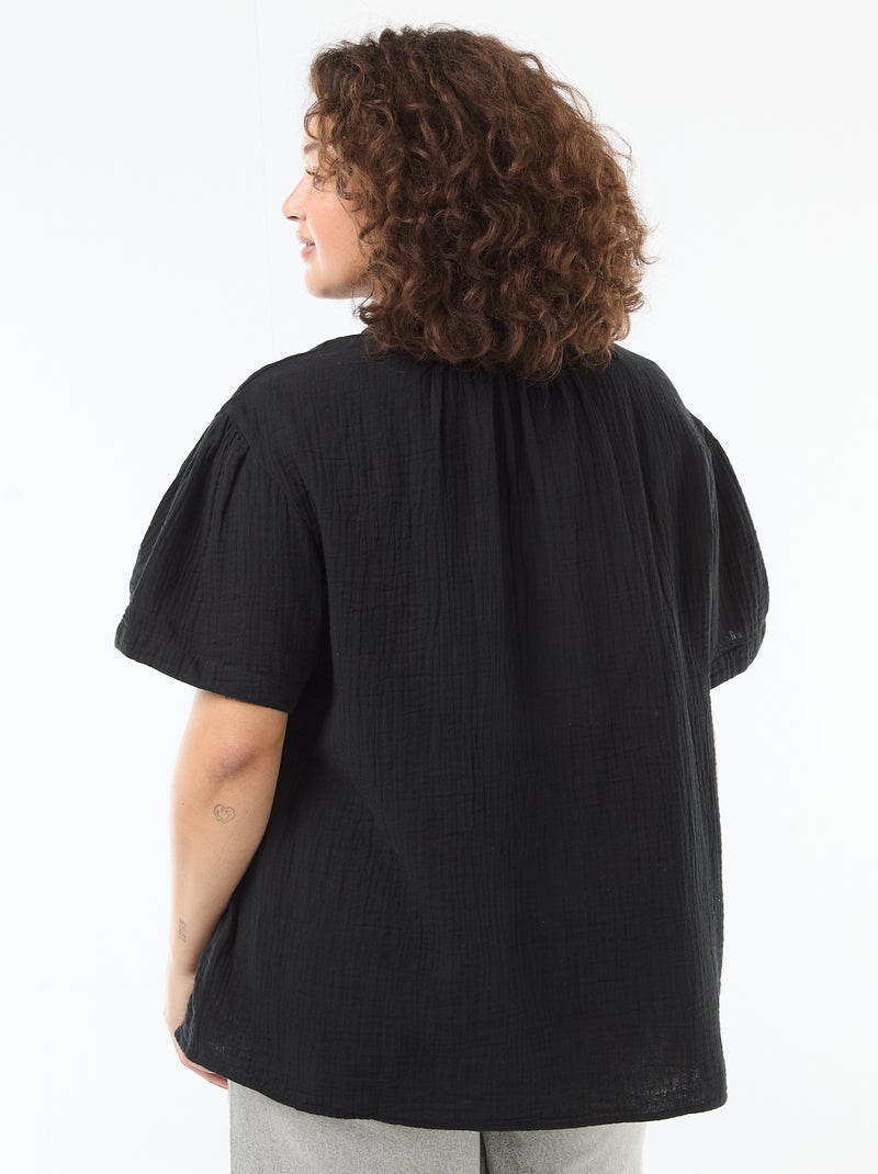 Blouse en gaze de coton avec col froncé Noir - Kiabi