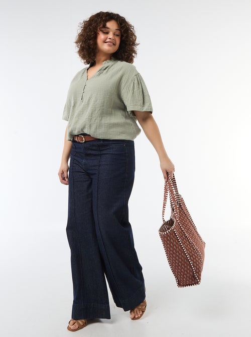 Blouse en gaze de coton avec col froncé - Kiabi