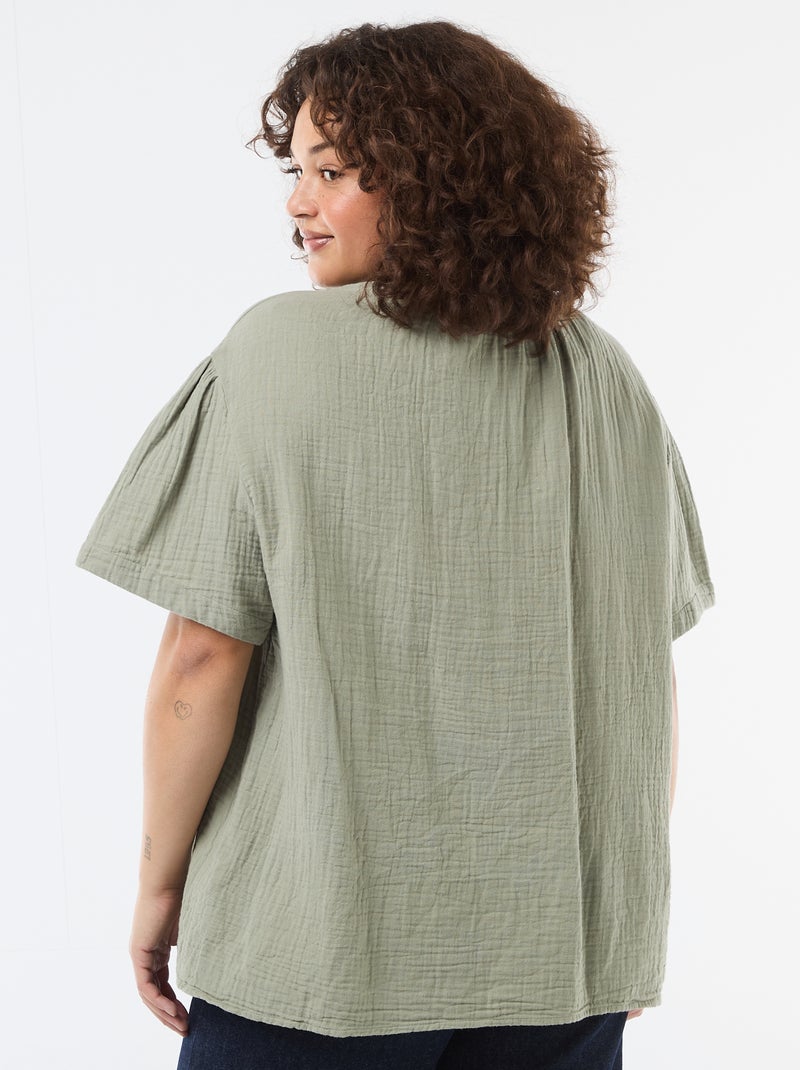 Blouse en gaze de coton avec col froncé Vert - Kiabi