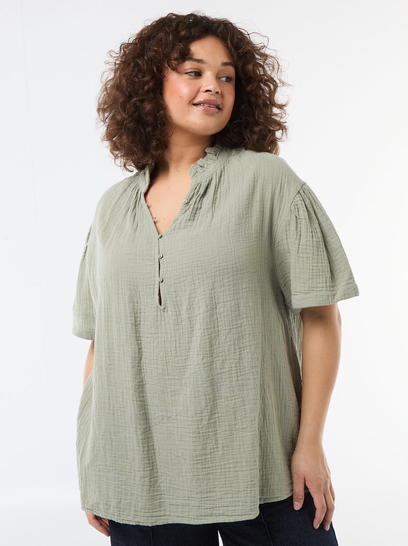 Blouse en gaze de coton avec col froncé Vert - Kiabi