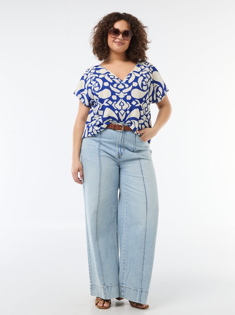 Blouse en matière gaufrée à manches courtes Bleu - Kiabi