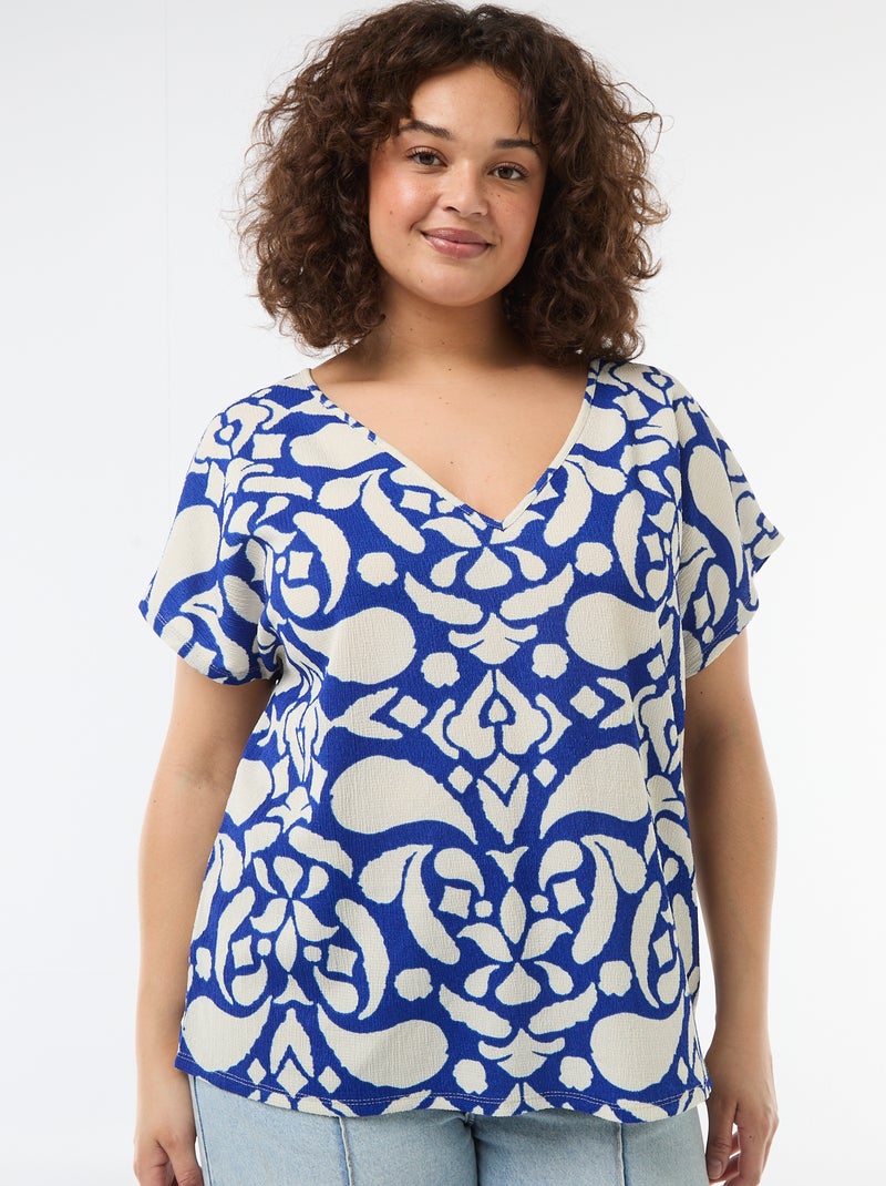 Blouse en matière gaufrée à manches courtes Bleu - Kiabi