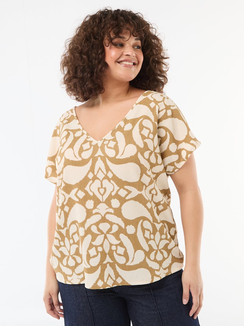 Blouse en matière gaufrée à manches courtes Marron - Kiabi