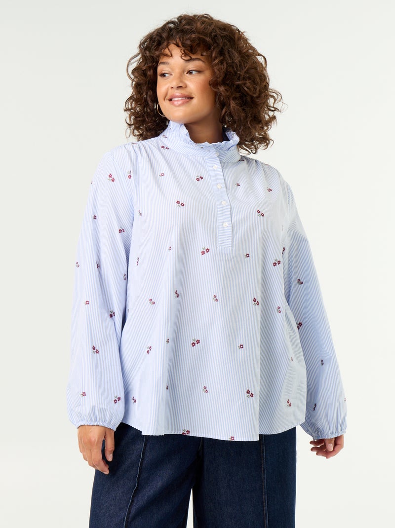 Blouse fleurs brodées avec col montant Bleu - Kiabi