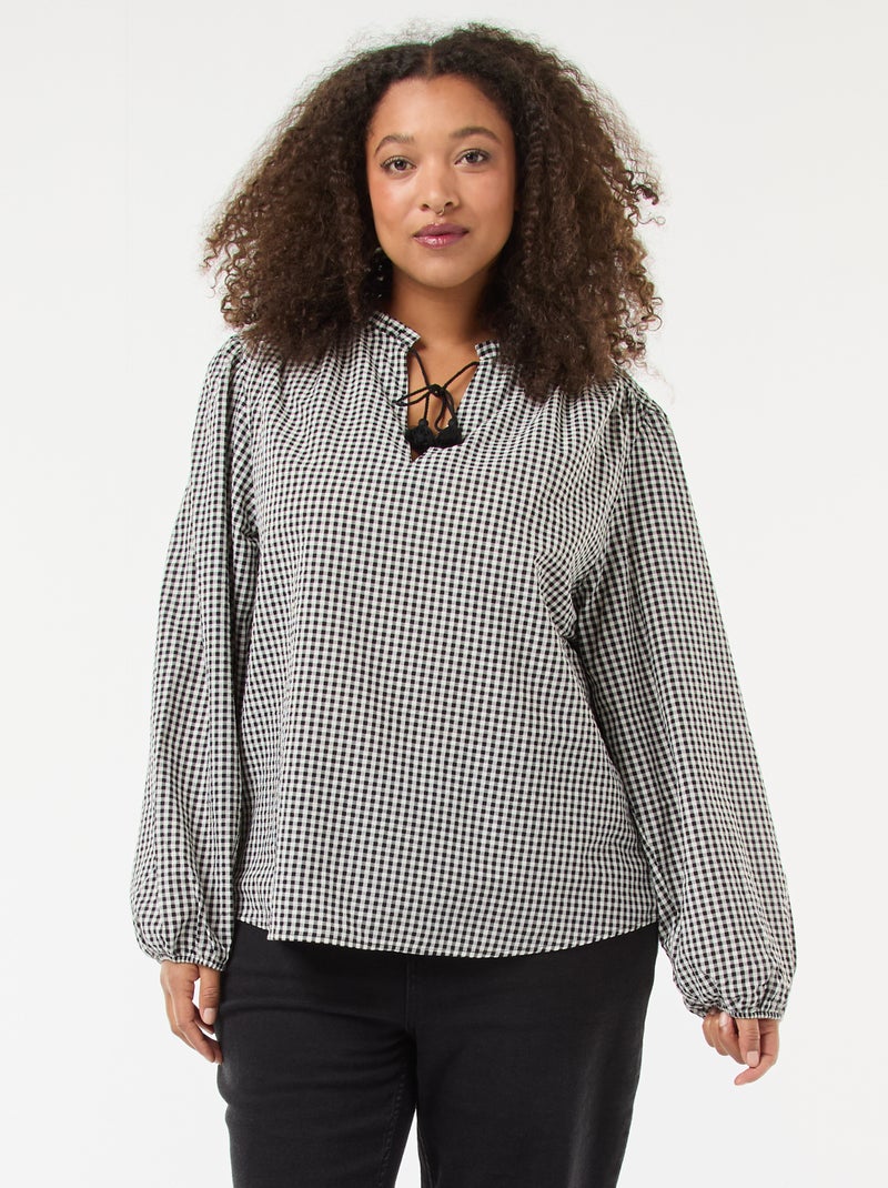 Blouse fluide carreaux vichy Noir - Kiabi