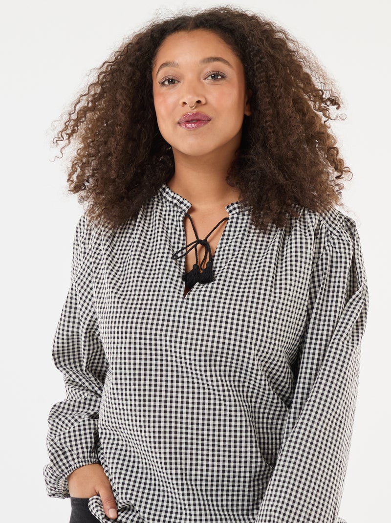 Blouse fluide carreaux vichy Noir - Kiabi