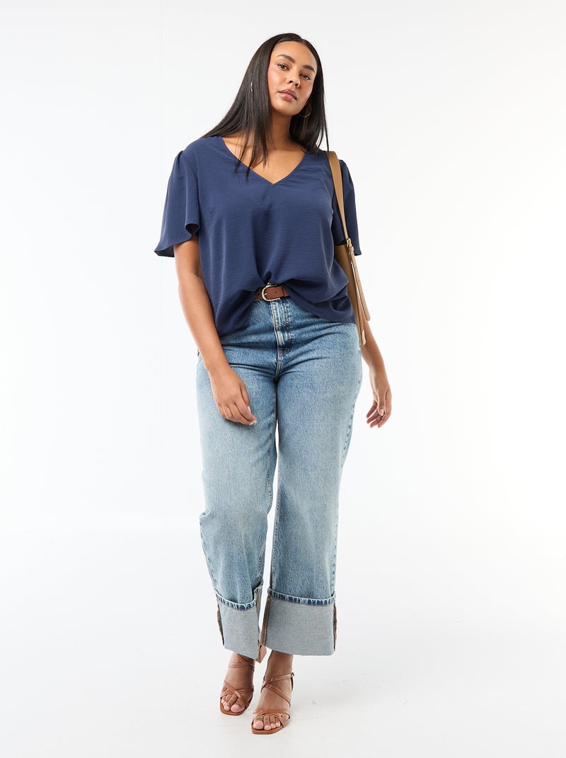 Blouse fluide uni à manches courtes Bleu foncé - Kiabi