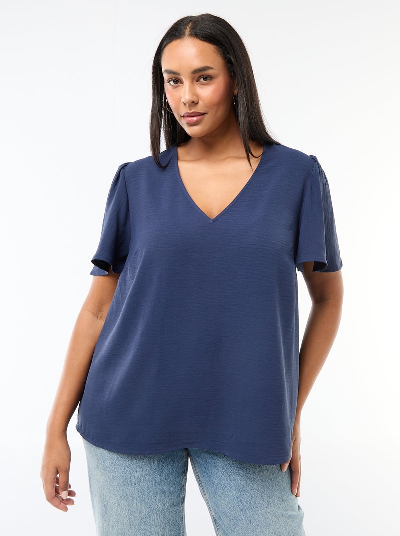 Blouse fluide uni à manches courtes Bleu foncé - Kiabi