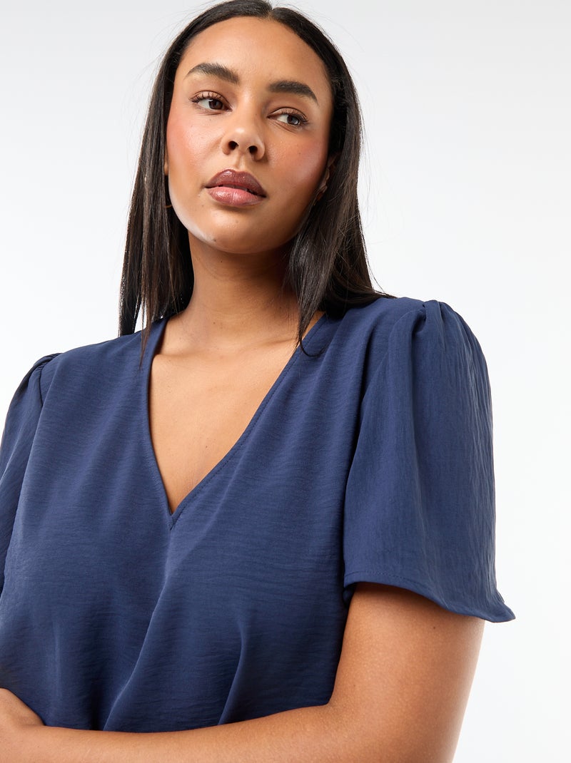 Blouse fluide uni à manches courtes Bleu foncé - Kiabi