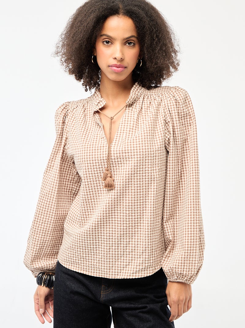 Blouse manches longues à carreaux Beige - Kiabi
