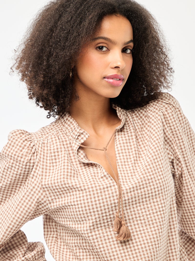 Blouse manches longues à carreaux Beige - Kiabi