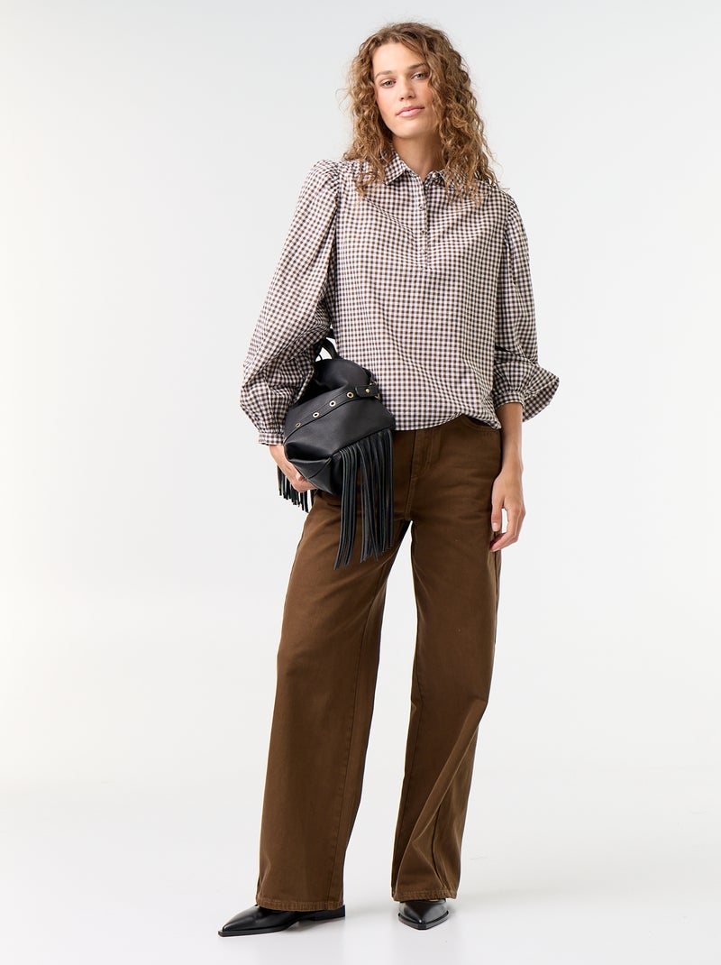 Blouse with Buttoned Collar Opening Khaki - Kiabi