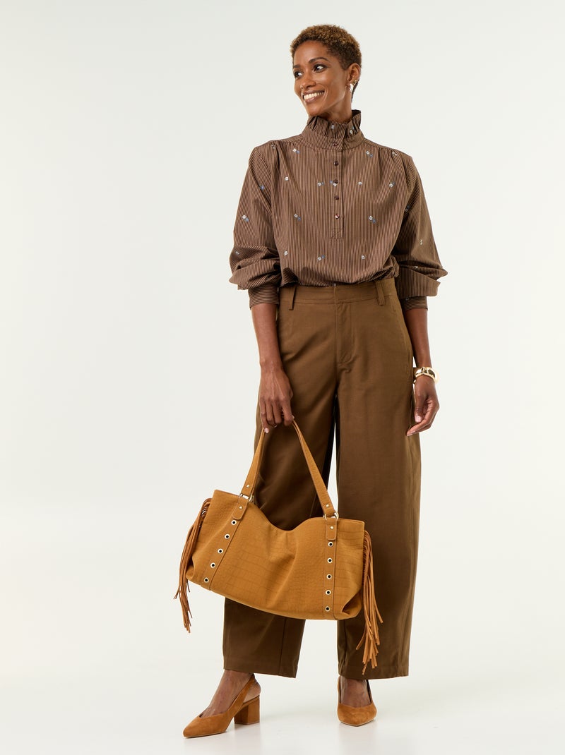 Blouse with decorative collar and all-over embroidery Brown - Kiabi
