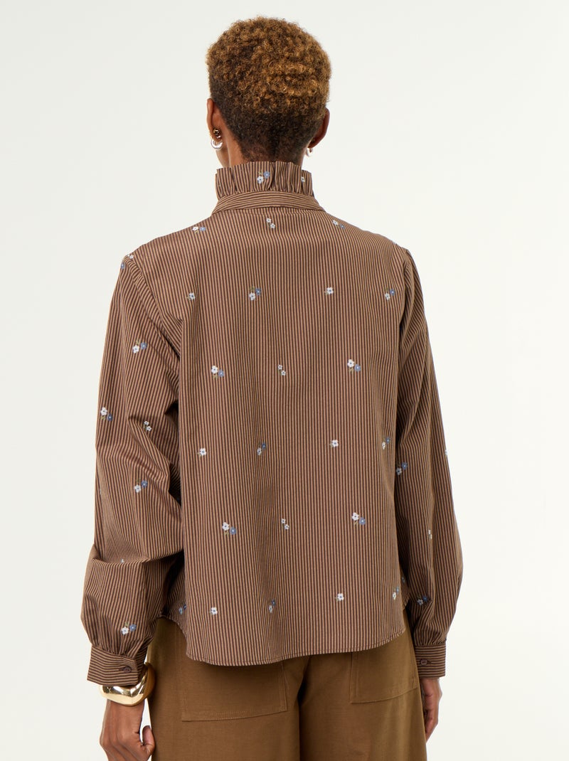 Blouse with decorative collar and all-over embroidery Brown - Kiabi