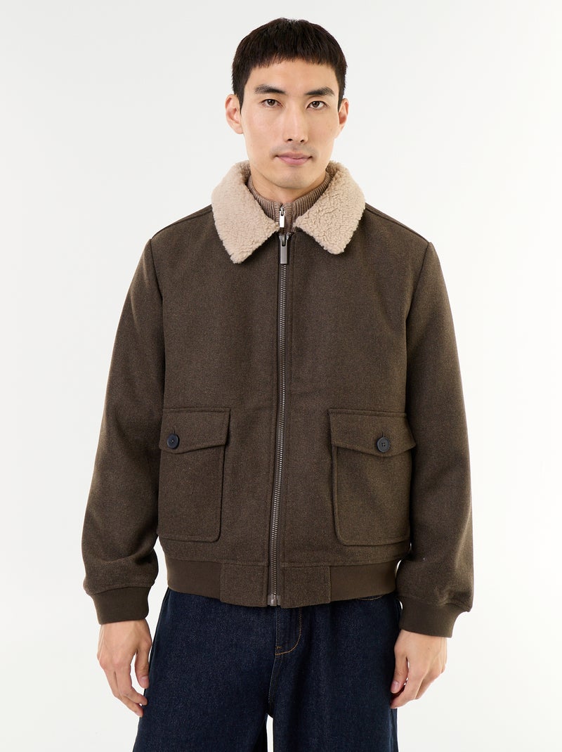 Blouson aus Wollimitat mit Lammfelloptik-Kragen Vert - Kiabi