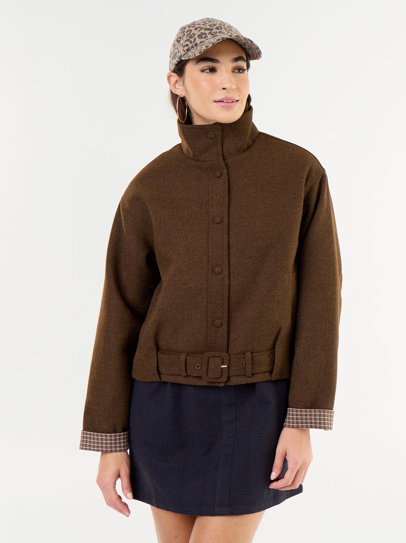 Blouson court effet lainage avec ceinture intégrée Marron - Kiabi
