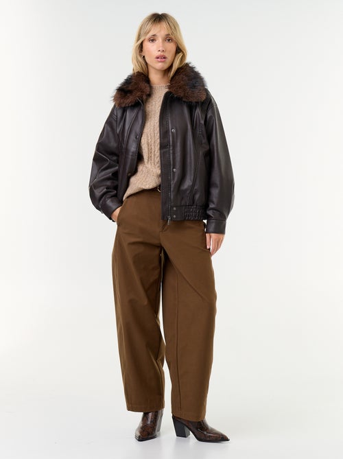 Blouson en faux cuir oversize avec col en fourrure amovible - Kiabi