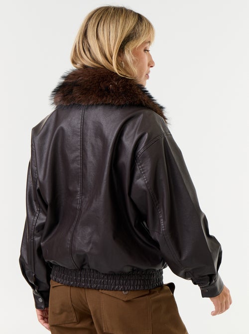 Blouson en faux cuir oversize avec col en fourrure amovible - Kiabi