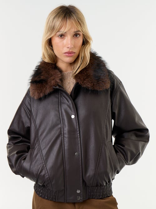 Blouson en faux cuir oversize avec col en fourrure amovible - Kiabi