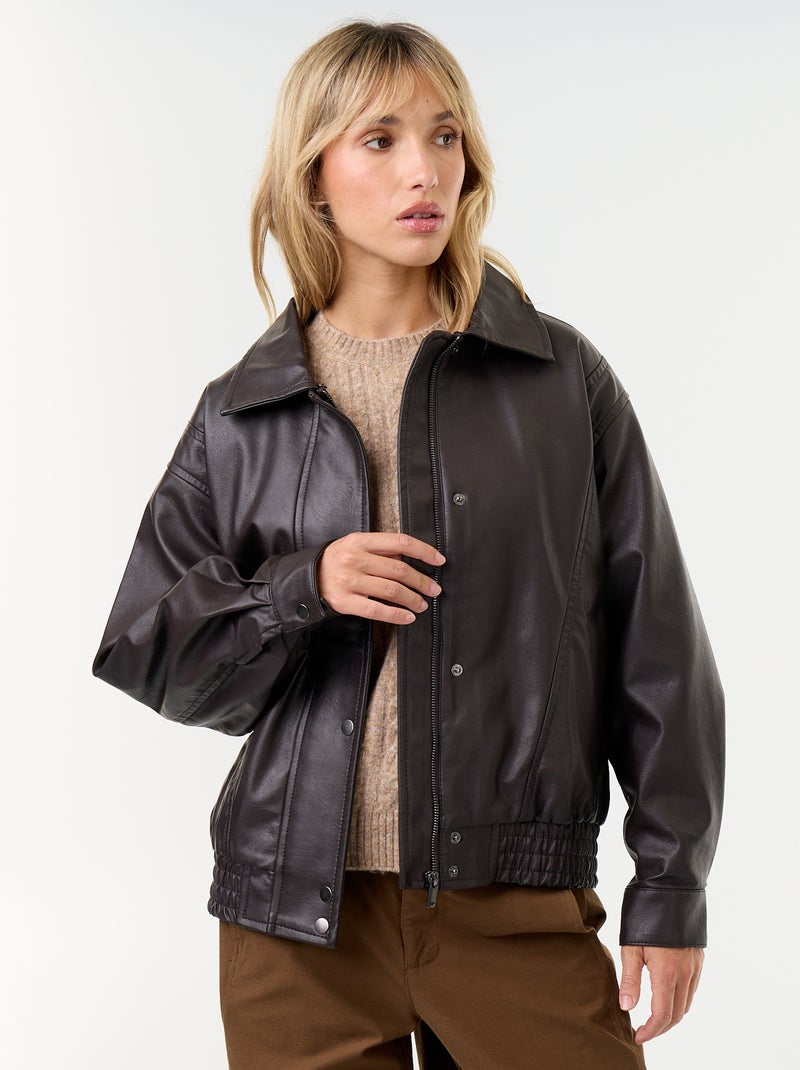Blouson en faux cuir oversize avec col en fourrure amovible Marron - Kiabi