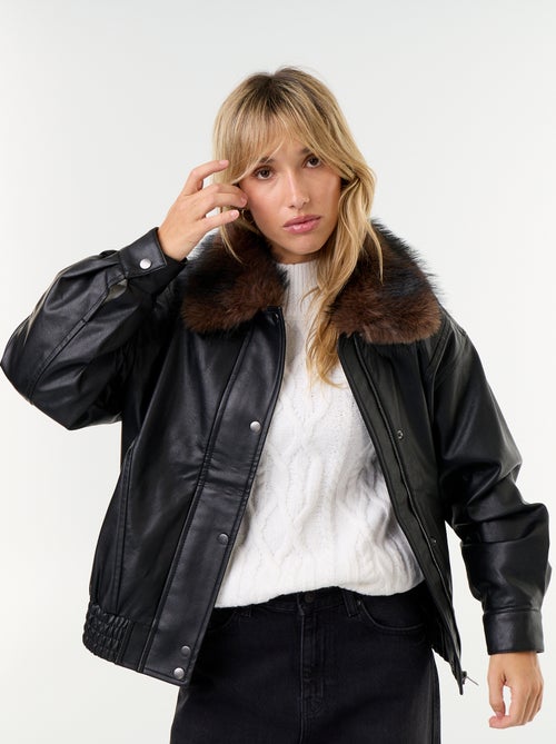 Blouson en faux cuir oversize avec col en fourrure amovible - Kiabi