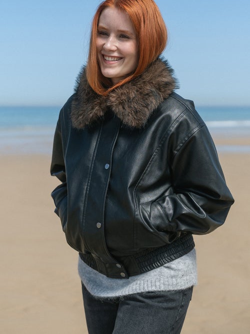 Blouson en faux cuir oversize avec col en fourrure amovible - Kiabi