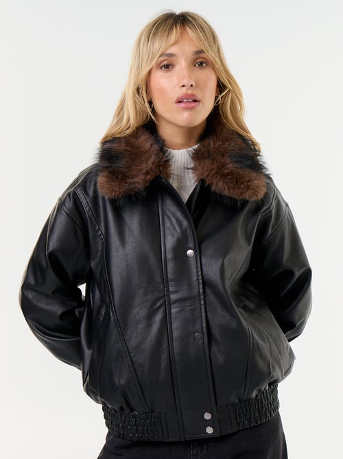 Blouson en faux cuir oversize avec col en fourrure amovible - Kiabi