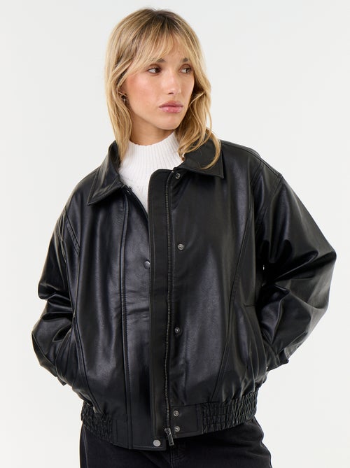Blouson en faux cuir oversize avec col en fourrure amovible - Kiabi