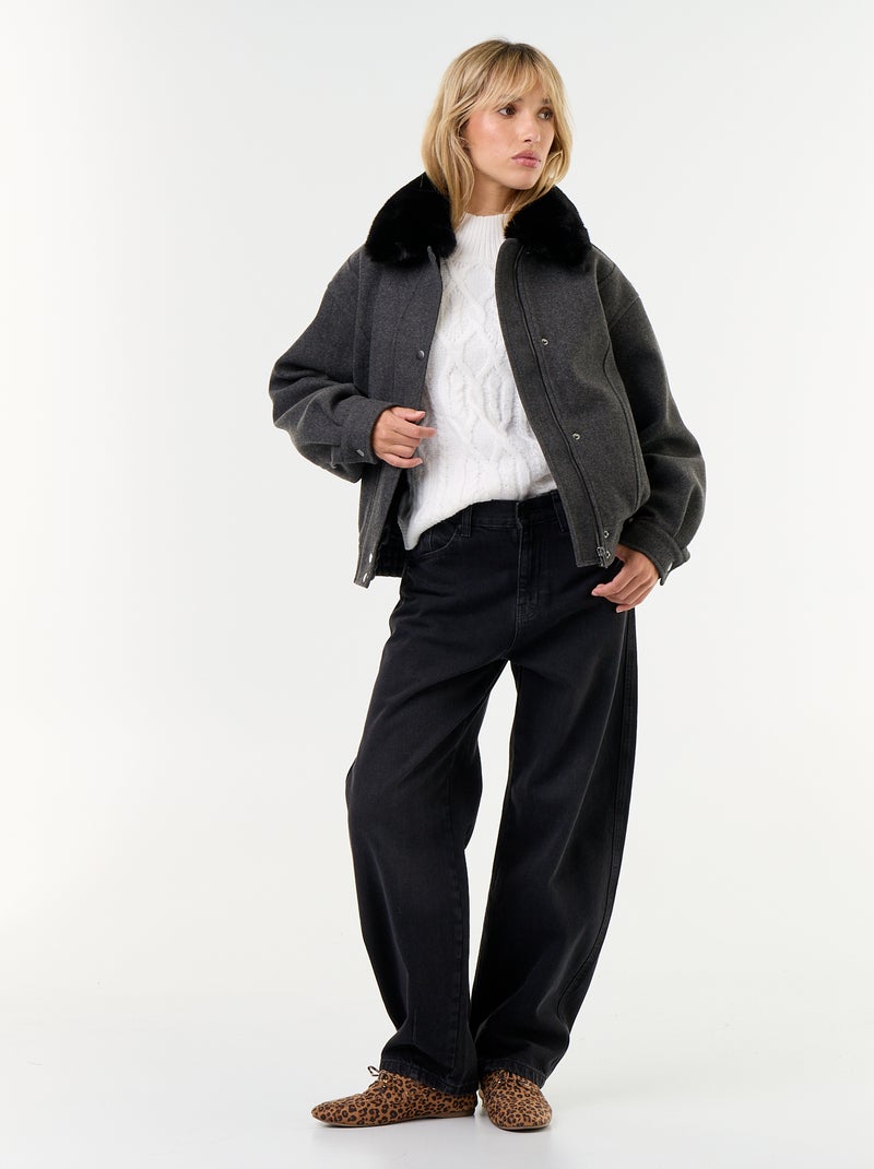Blouson esprit lainage oversize avec col en fourrure amovible Gris - Kiabi