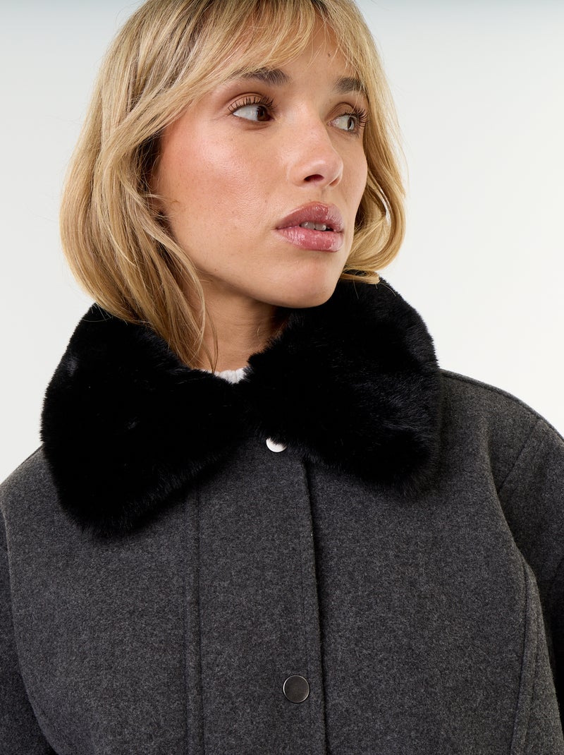 Blouson esprit lainage oversize avec col en fourrure amovible Gris - Kiabi