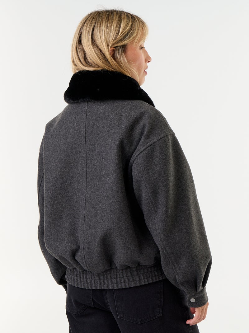 Blouson esprit lainage oversize avec col en fourrure amovible Gris - Kiabi