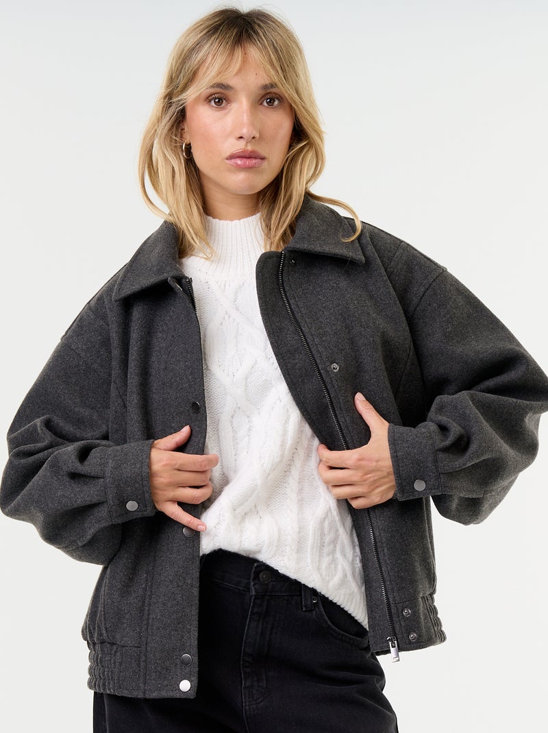 Blouson esprit lainage oversize avec col en fourrure amovible Gris - Kiabi
