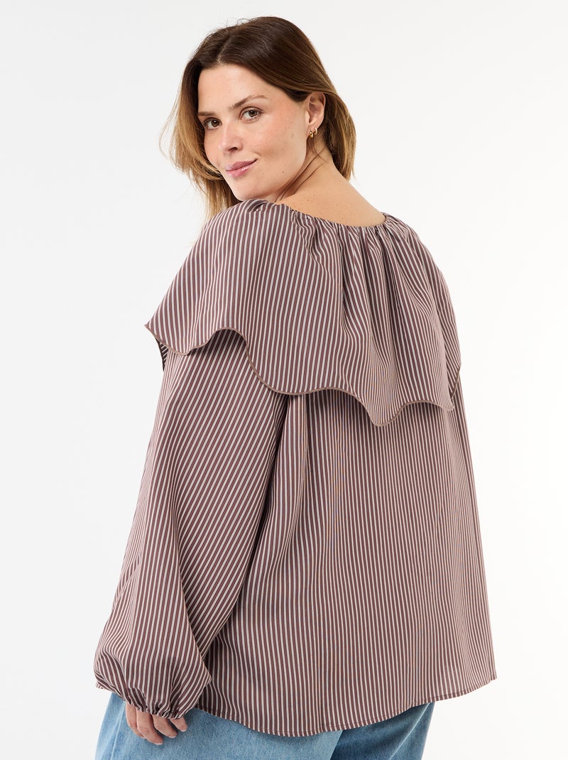 Blusa fluida a maniche lunghe con ampio volant sul collo Marrone - Kiabi