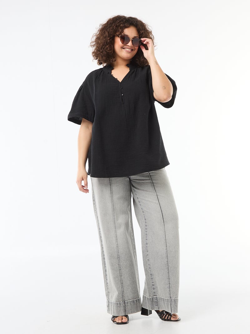 Bluse aus Baumwollgaze mit gerafftem Kragen Schwarz - Kiabi