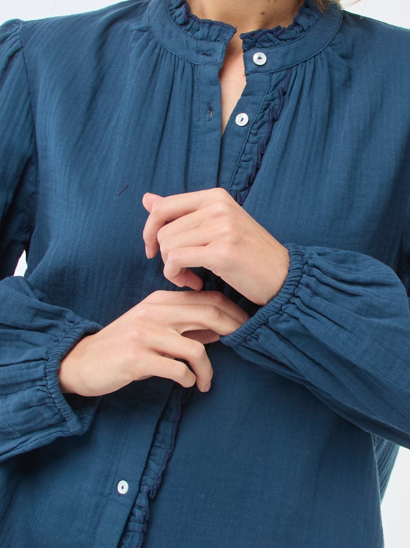 Bluse aus Baumwollgaze mit Wellenkanten Blau - Kiabi