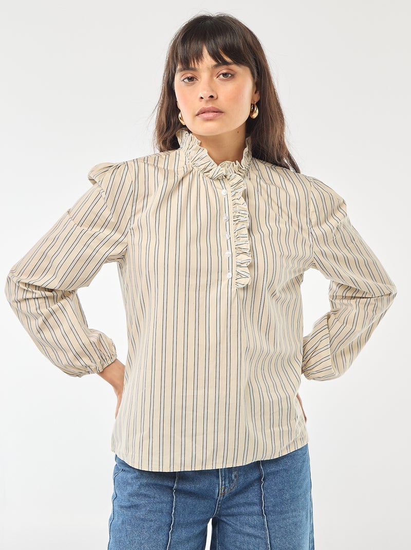 Bluse mit Rüschen am Kragen und an der Knopfleiste Weiß - Kiabi