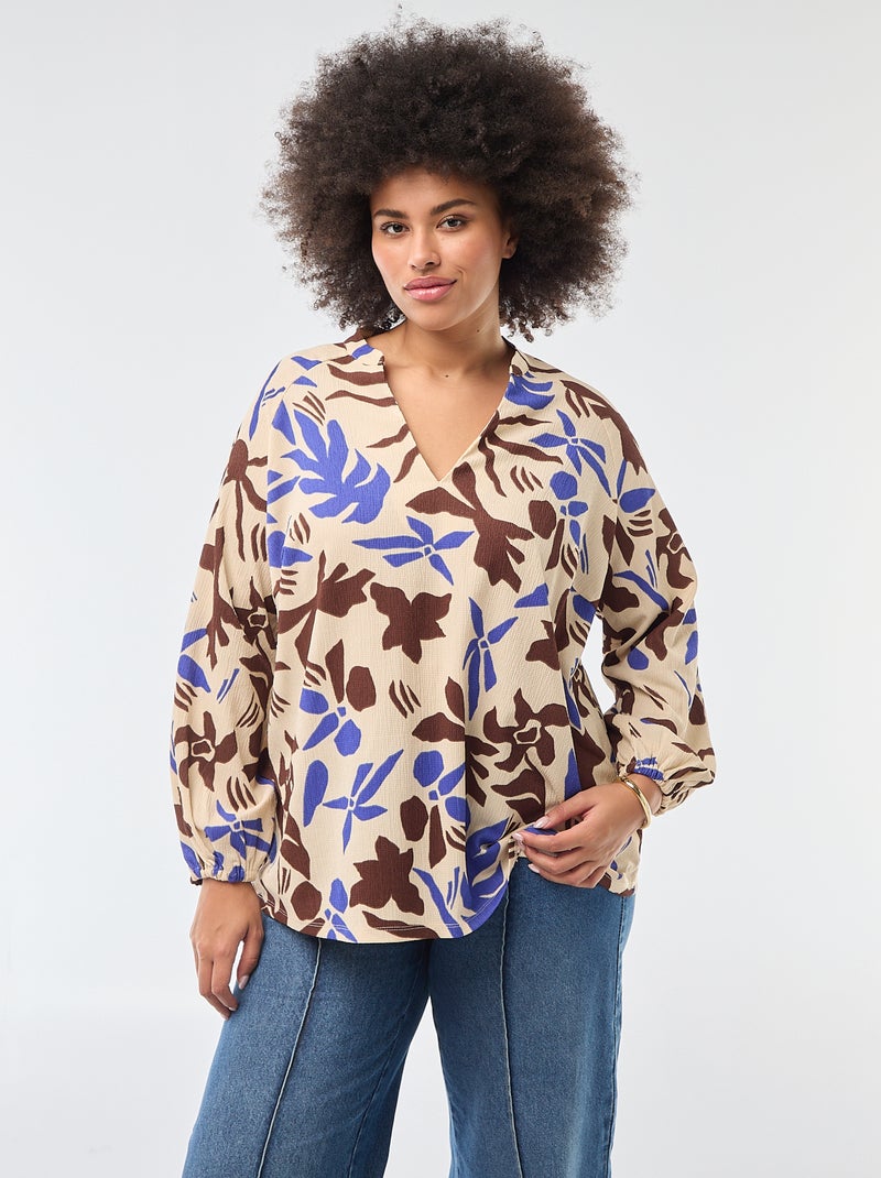 Bluse mit V-Ausschnitt und Allover-Muster Beige - Kiabi