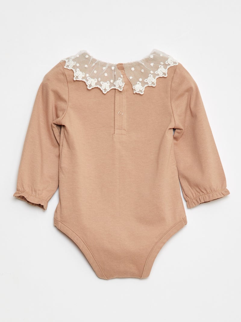 Body con colletto arricciato in pizzo Beige - Kiabi
