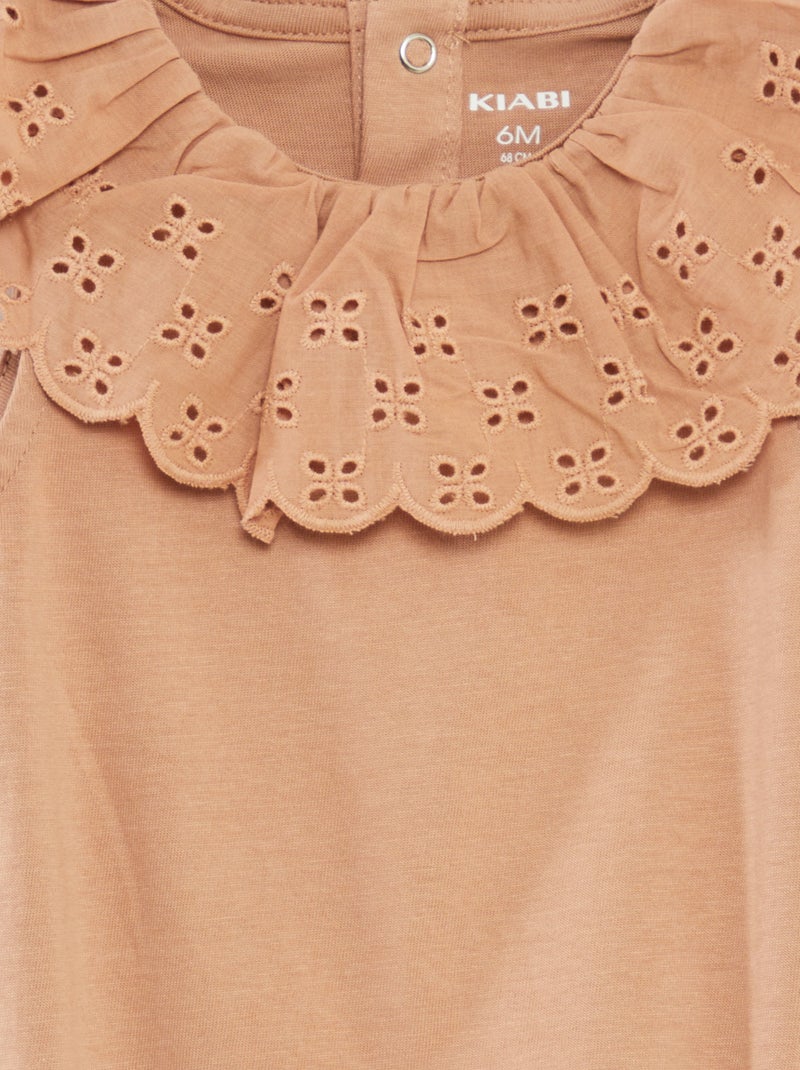 Body sans manches à col large en broderies anglaises MARRON - Kiabi