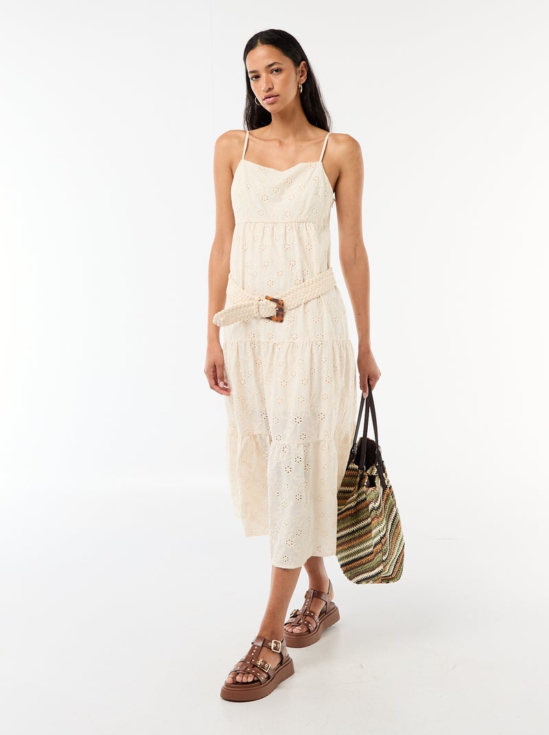 Broderie Anglaise Midi Dress with Adjustable Straps Beige - Kiabi