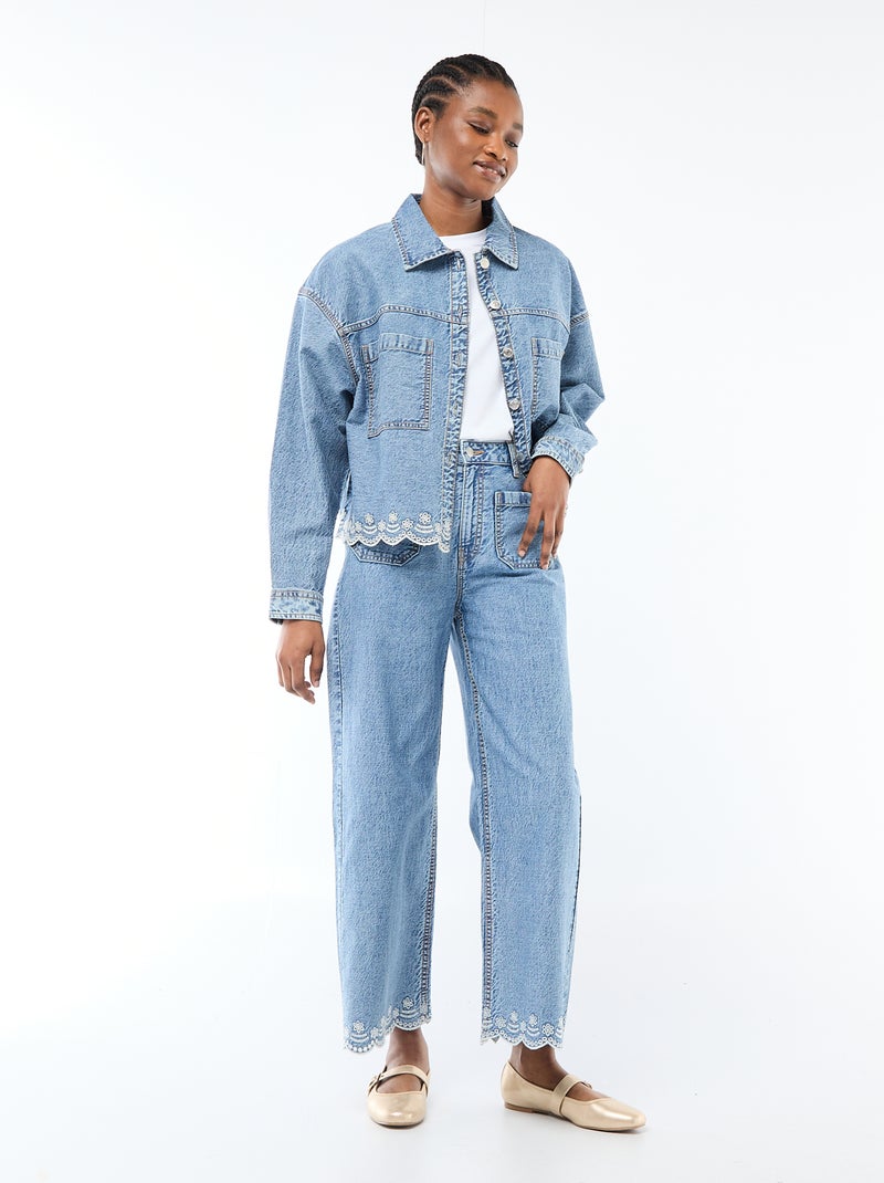 Button-Front Denim Jacket with Solid Cotton Embroidery Blue - Kiabi