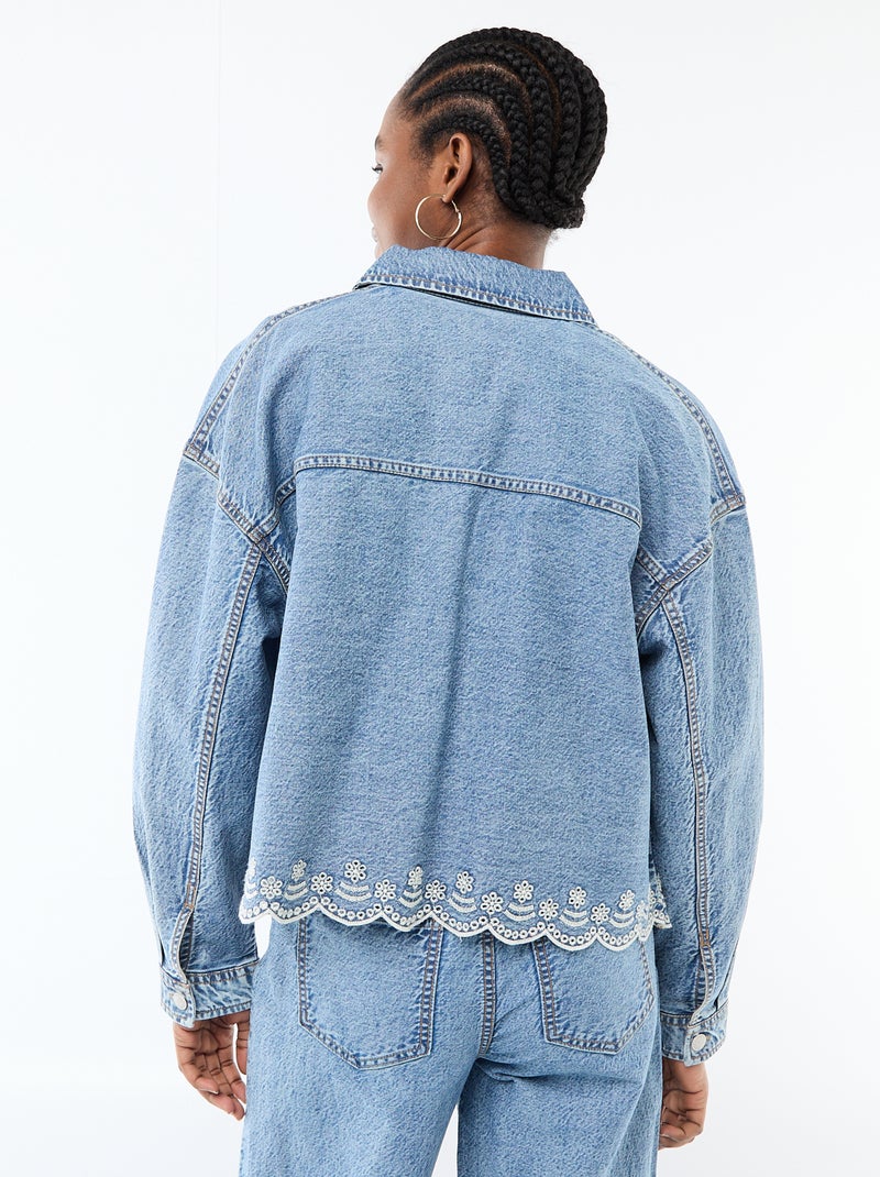 Button-Front Denim Jacket with Solid Cotton Embroidery Blue - Kiabi