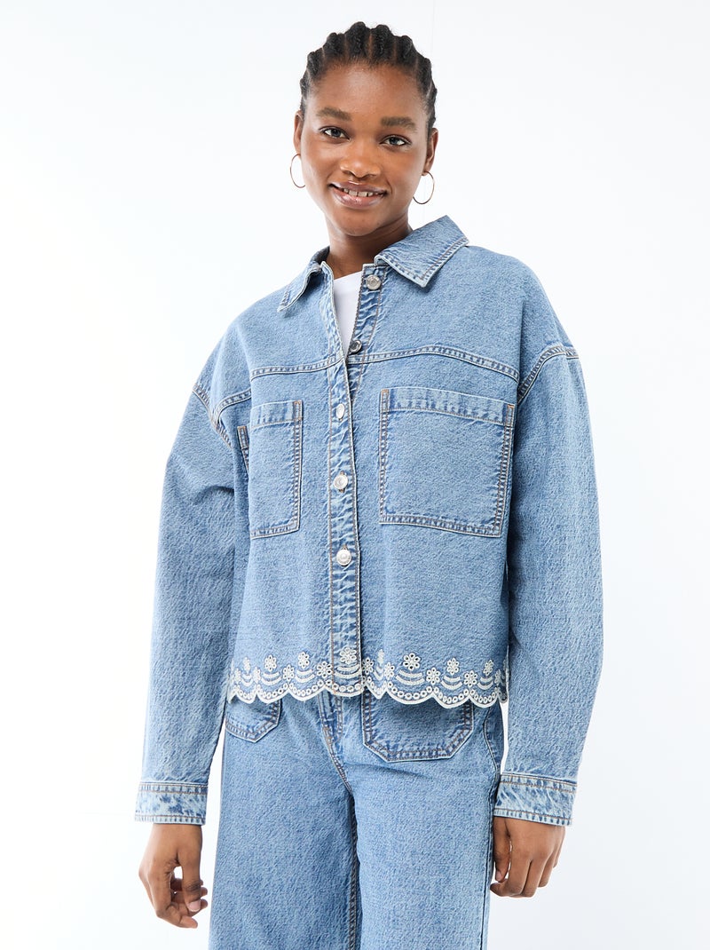 Button-Front Denim Jacket with Solid Cotton Embroidery Blue - Kiabi