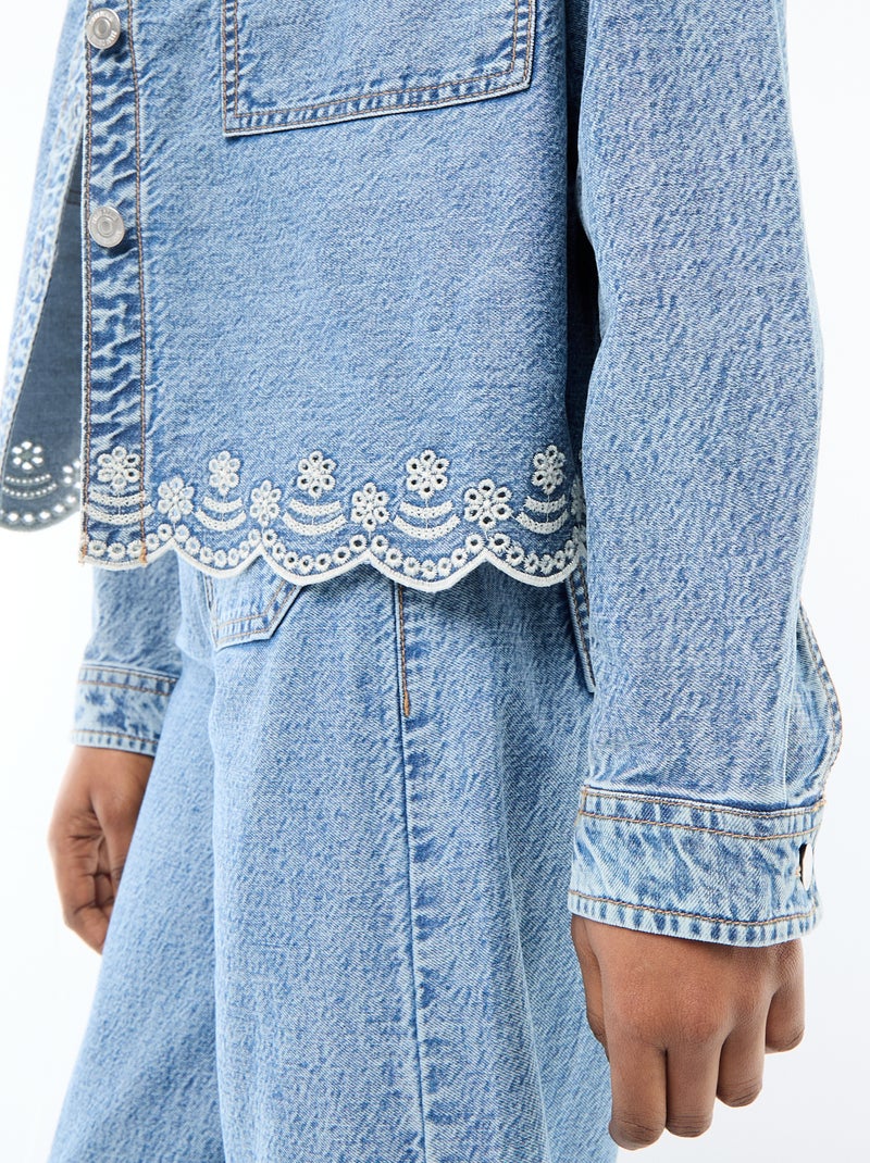 Button-Front Denim Jacket with Solid Cotton Embroidery Blue - Kiabi